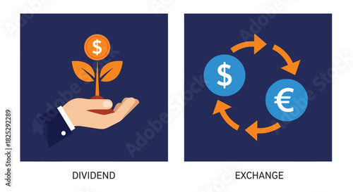 Vector illustration of dividend and exchange concept with dollar and euro currency isolated on