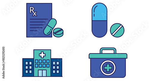 Vector illustration of medical icons set isolated on, prescription, pills and hospital