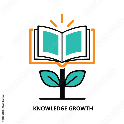 Vector illustration of open book with plant growing, concept of knowledge growth isolated on
