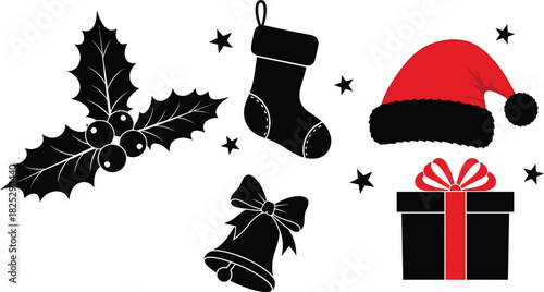 Christmas holiday icons holly stocking santa hat bell and gift