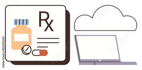 Medicine prescription, pill bottle, pills, and Rx notation next to a cloud and laptop. Ideal for telemedicine, health tech, digital records, pharmacy apps, online consultation medical innovation