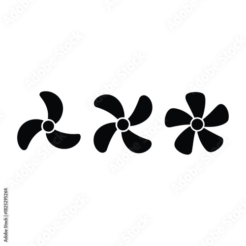 Three stylized fan blades with different numbers of blades