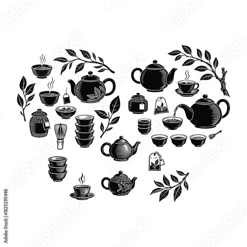 Vintage engraving illustration of various tea ceremony elements, including teapots, cups, bowls, and leaves