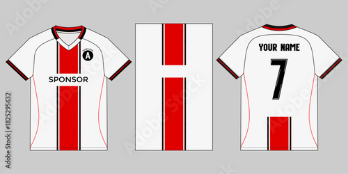 Soccer Jersey Mockup with Red Stripe Design - Front, Back, and Flat Views