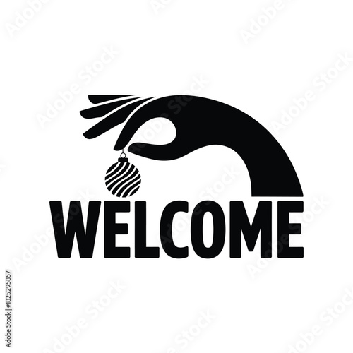 Hand offering a small striped object above the word welcome