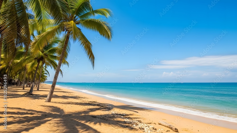 Obraz premium Tropical beach paradise with palm trees and turquoise ocean on a sunny day