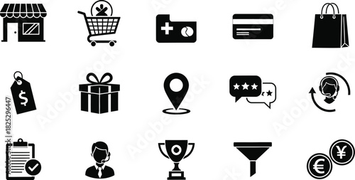 E commerce and business icon set in black silhouette style