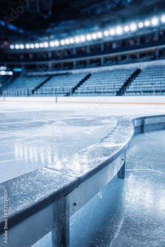 bleachers. Empty ice rink with cool blue tones and blurred stadium seating, atmospheric and serene. event key visuals, club posters, designed for sports event promotions and stadium branding.
