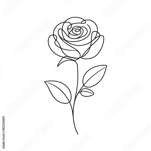 Elegant single line drawing of a blooming rose with leaves