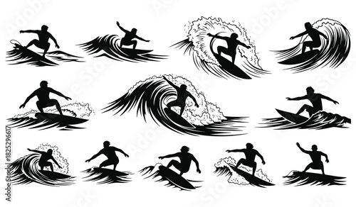 Surfer silhouettes riding ocean waves, dynamic action vector collection on white. Vector