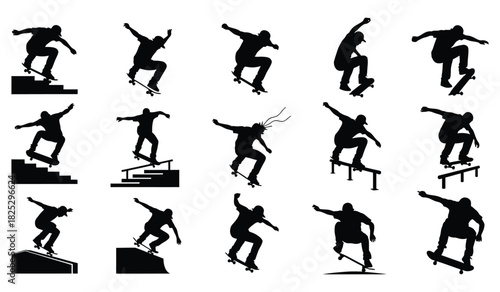 Dynamic collection of skateboarder silhouettes performing various street tricks and stunts Vector