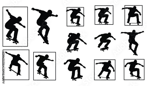 Dynamic skateboarder silhouettes in various action poses and stunts on white background Vector