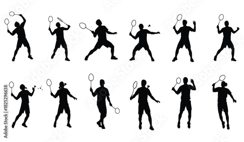 Badminton players in action silhouette vector set, dynamic athletic poses on white Vector