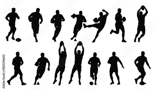 Rugby player silhouettes in dynamic poses, showcasing various game actions and movements Vector