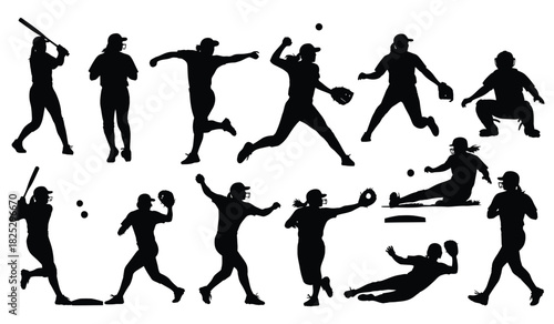 Silhouettes of female softball players in action poses, isolated on white background Vector