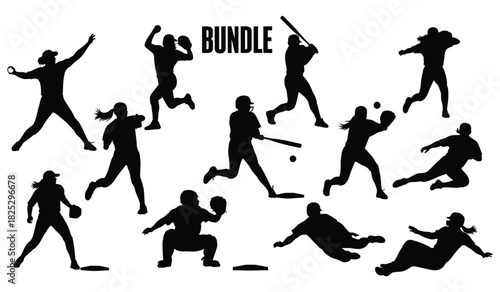 Softball player action poses bundle silhouette set for sports and recreation projects Vector