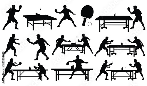 Dynamic table tennis player and equipment silhouettes in action poses, vector set Vector