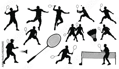 Badminton player silhouettes, diverse action poses, racket, shuttlecock, net, sports event Vector