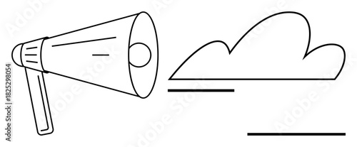 Loudspeaker emitting sound lines next to a cloud outline. Ideal for communication, technology, digital marketing, advertising, cloud computing, announcements, teamwork. Simple flat metaphor