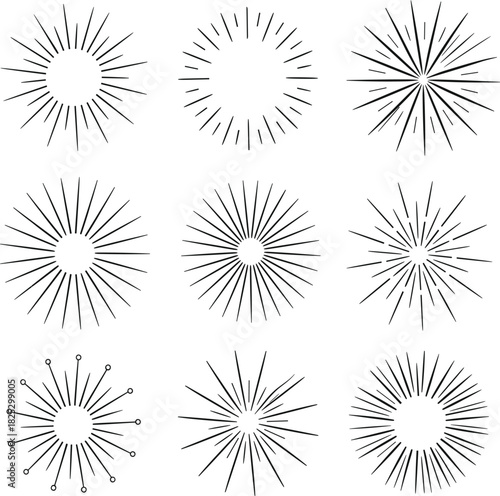 Set of Sunburst Starburst Line Icons, Abstract Light Ray Vintage Geometric Decoration Elements, Monochrome Vector Graphic Clipart Collection