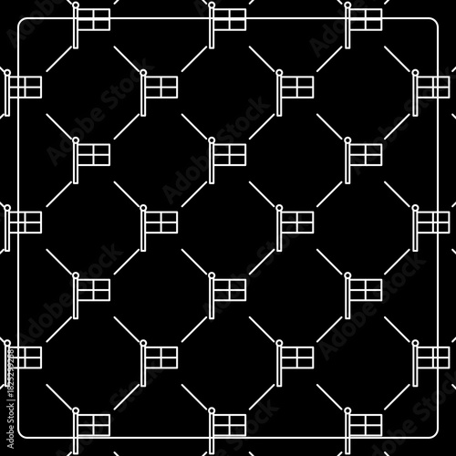 Seamless pattern on a black background with flag icons. Line design for posters, social media, and banner templates.