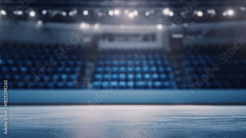 bleachers. Empty ice rink with cool blue tones and blurred stadium seating, atmospheric and serene. event key visuals, club posters, designed for sports event promotions and stadium branding.
