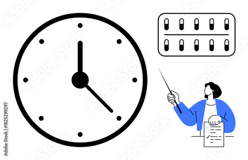 Large clock showing time, person holding a list and pointer, student attendance tracker. Ideal for education, time management, scheduling, punctuality, classroom organization, planning learning