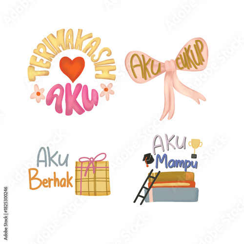 Playful hand drawn affirmation stickers with soft gradients and ribbon elements. Cute pastel style. Great for journals, scrapbooks, planners, and self love themes.