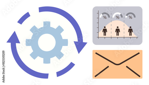 Gear surrounded by arrows symbolizes process cycle, graph shows demographic analytics, and envelope represents communication. Ideal for workflow, data insight, strategy, outreach, analytics