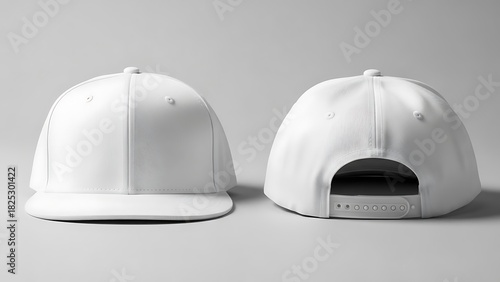 Front and back view of a blank white baseball cap, perfect for design mockups and branding.