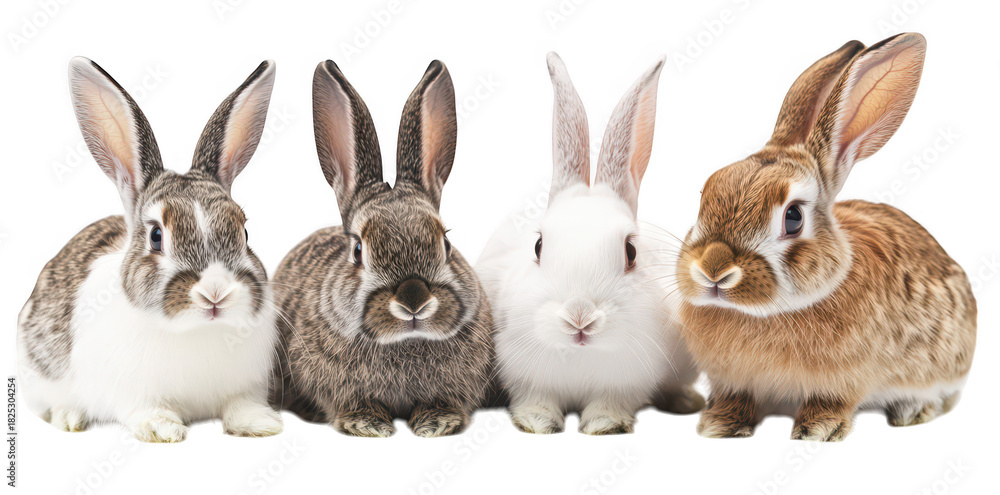 Obraz premium A group of four adorable rabbits of different colors and fur patterns sitting closely together against a clean white background. their unique features and expressions. ideal for pet-related content