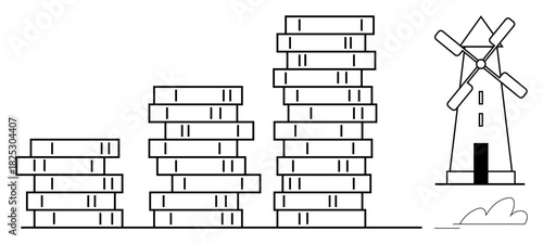 Stacks of coins in ascending order beside a windmill, symbolizing financial growth, sustainability, and renewable energy. Ideal for finance, growth, investment, ecology, green economy resources