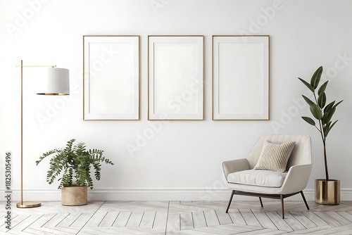 Minimalist living room decor background with white blank three frames wall mockup iso a paper size poster template stylish interior design modern artwork presentation