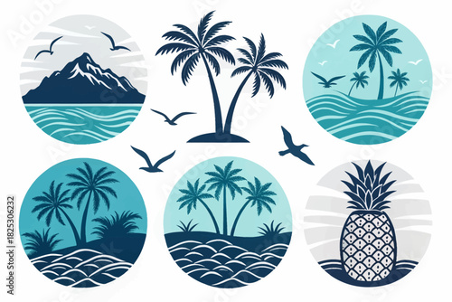 Tropical island paradise icons create vacation vibes enjoy palm trees ocean waves mountain views pineapple summer getaway vector graphics and relaxing seaside escape