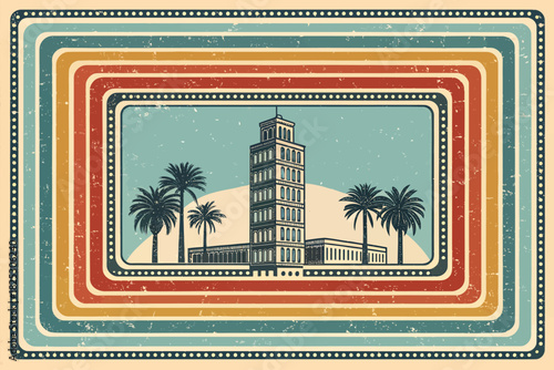 Retro travel poster featuring a tall vintage building surrounded by palm trees, evokes nostalgic vacation memories, perfect for travel blogs or vintage-themed projects
