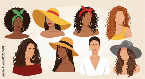 Diverse women portraits collection exudes elegance and style, perfect for fashion, beauty, and lifestyle branding, vector illustration of confident femininity