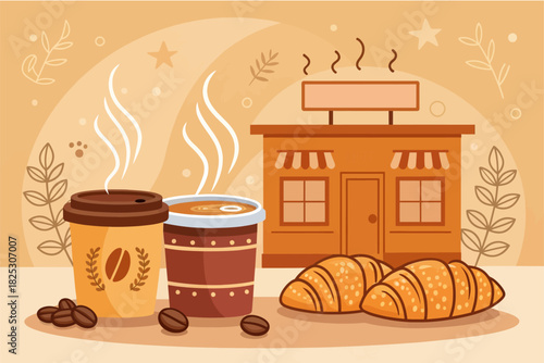 Warm coffee and fresh croissants at a cozy cafe, perfect for a relaxing morning or a comforting break, capturing the essence of simple pleasures