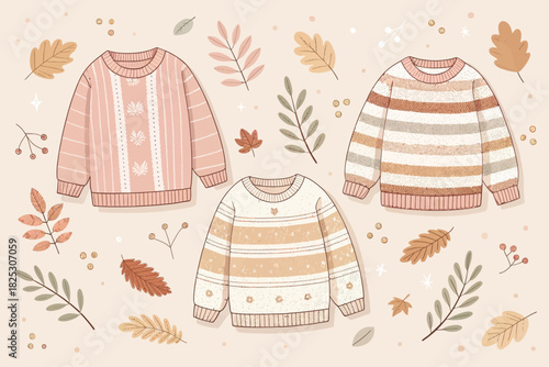 Cozy autumn sweaters collection artfully arranged with falling leaves a warm and inviting seasonal design originally crafted as vector graphic