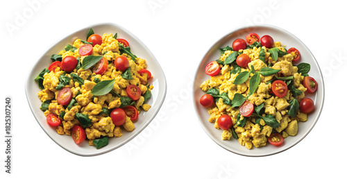 Tofu Scramble Breakfast: PNG isolated on white, scrambled tofu resembling eggs with turmeric seasoning, tossed with spinach and tomatoes, served on oval plate, warm palette.