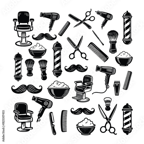 Vintage engraving illustration set of classic barber shop equipment