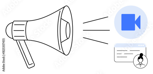 Megaphone projecting messages into a video format and digital profile. Ideal for marketing, digital communication, online engagement, video promotion, virtual events, branding, simple flat metaphor