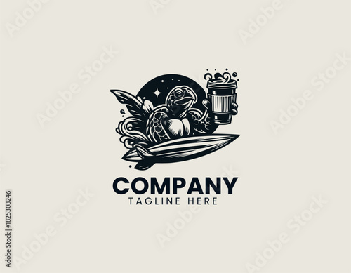 Surfing Turtle Holding A Coffee Cup black vector logo illustration