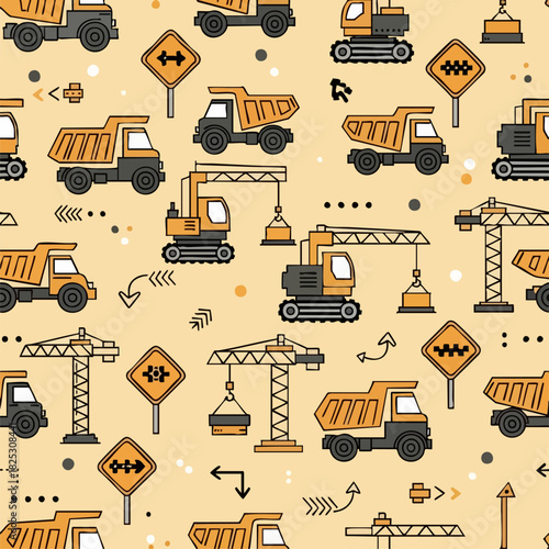 Seamless pattern with cartoon construction vehicles and road signs on a light background.