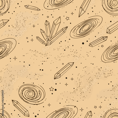 Seamless Pattern with Crystals and Galaxies on Beige Background.