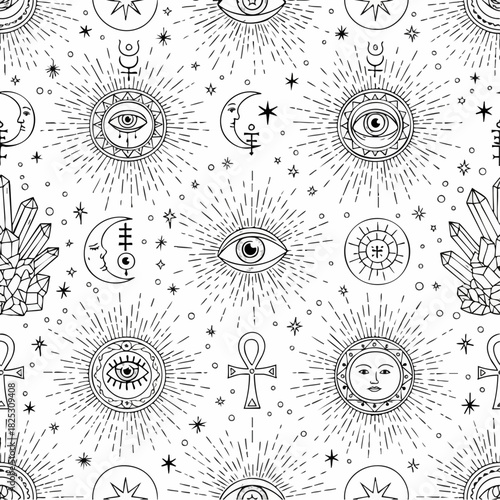 Mystical Celestial Pattern with Eyes, Sun, Moon, Crystals, and Ankhs.