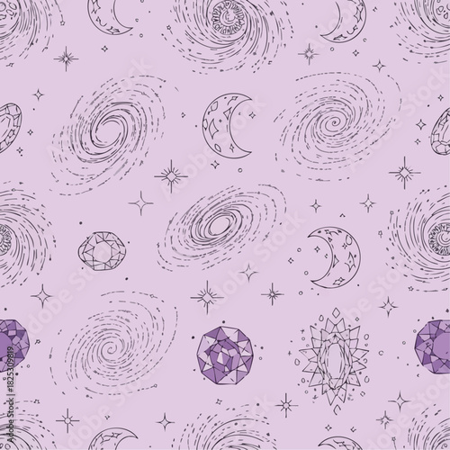 Mystical celestial pattern with galaxies moons stars and geometric gems.