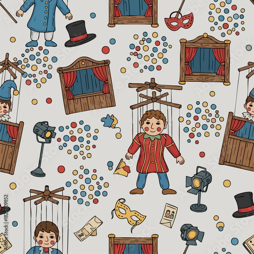 Whimsical Marionette Pattern - Theatrical Puppets, Masks, and Stage Elements.