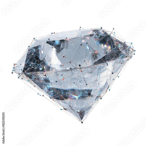 Digital Blockchain Crystal with Encrypted Facets on Transparent Background
