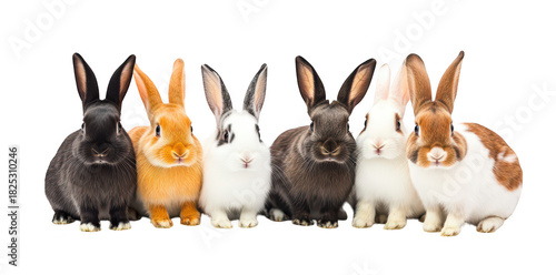 A group of six adorable rabbits of various breeds and colors sitting in a row against a clean white background. their fluffy fur and distinct features. ideal for pet-themed content