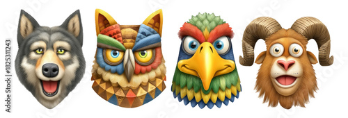 Wallpaper Mural Four Colorful Animal Faces Featuring Wolf, Owl, Parrot, and Ram on Transparent Background Torontodigital.ca